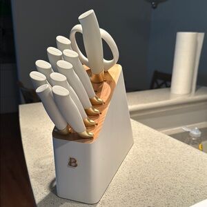 *Rarely Used* White and Gold Modern Knife Block Set for Contemporary Kitchens